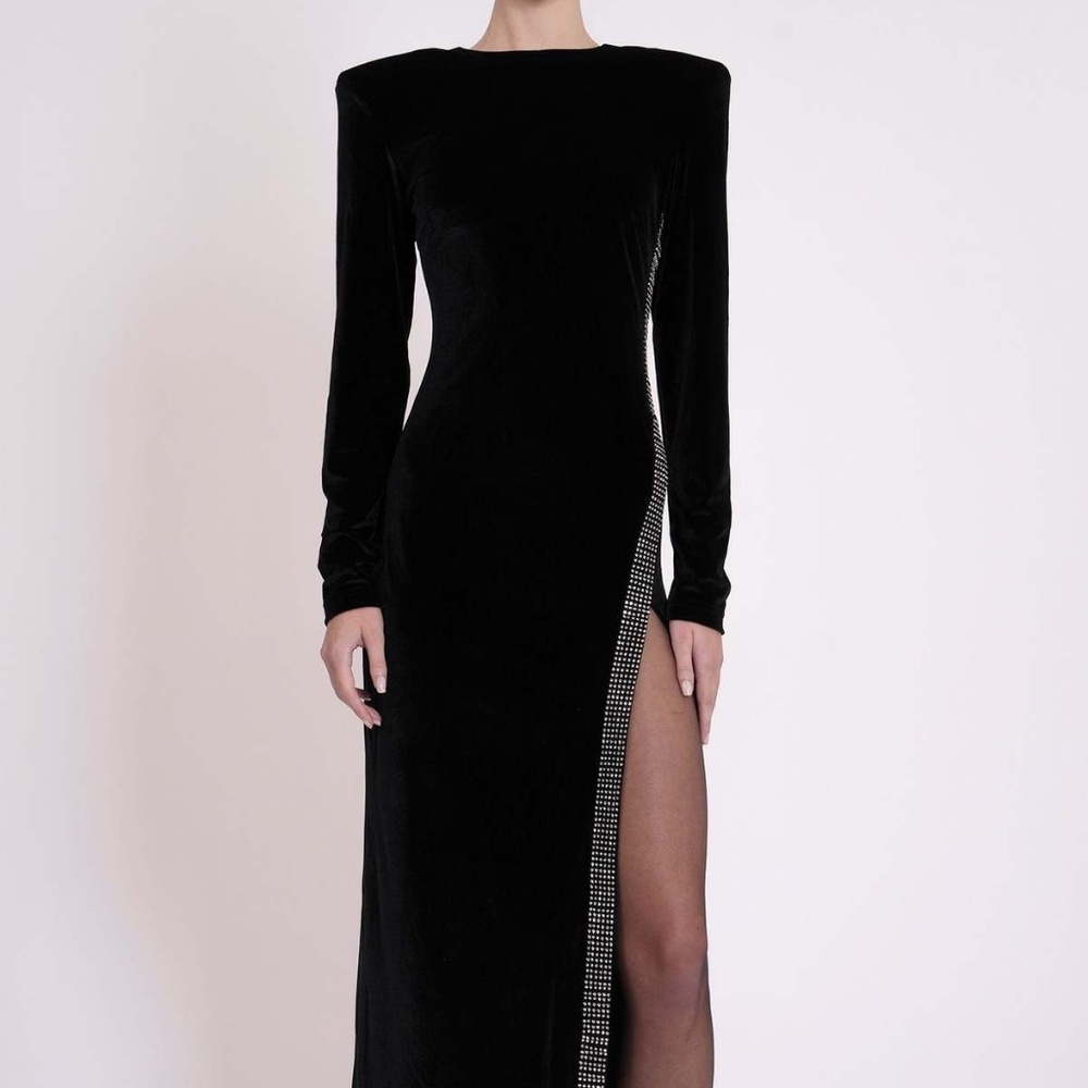 Nonchalant Black Velvet gown with slit and rhinestones!